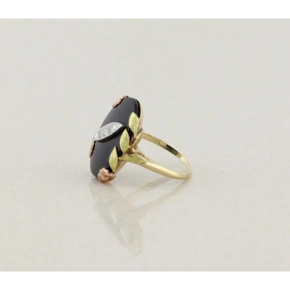 10k Yellow Gold Natural Onyx & Diamond Ring Size 6 1/4 - Picture 5 of 7